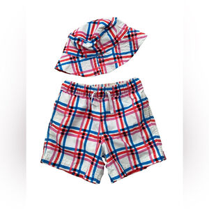 Hanna Andersson Size 90, 3T Colorful Plaid Swim Trunks & Matching Sun Bucket Hat